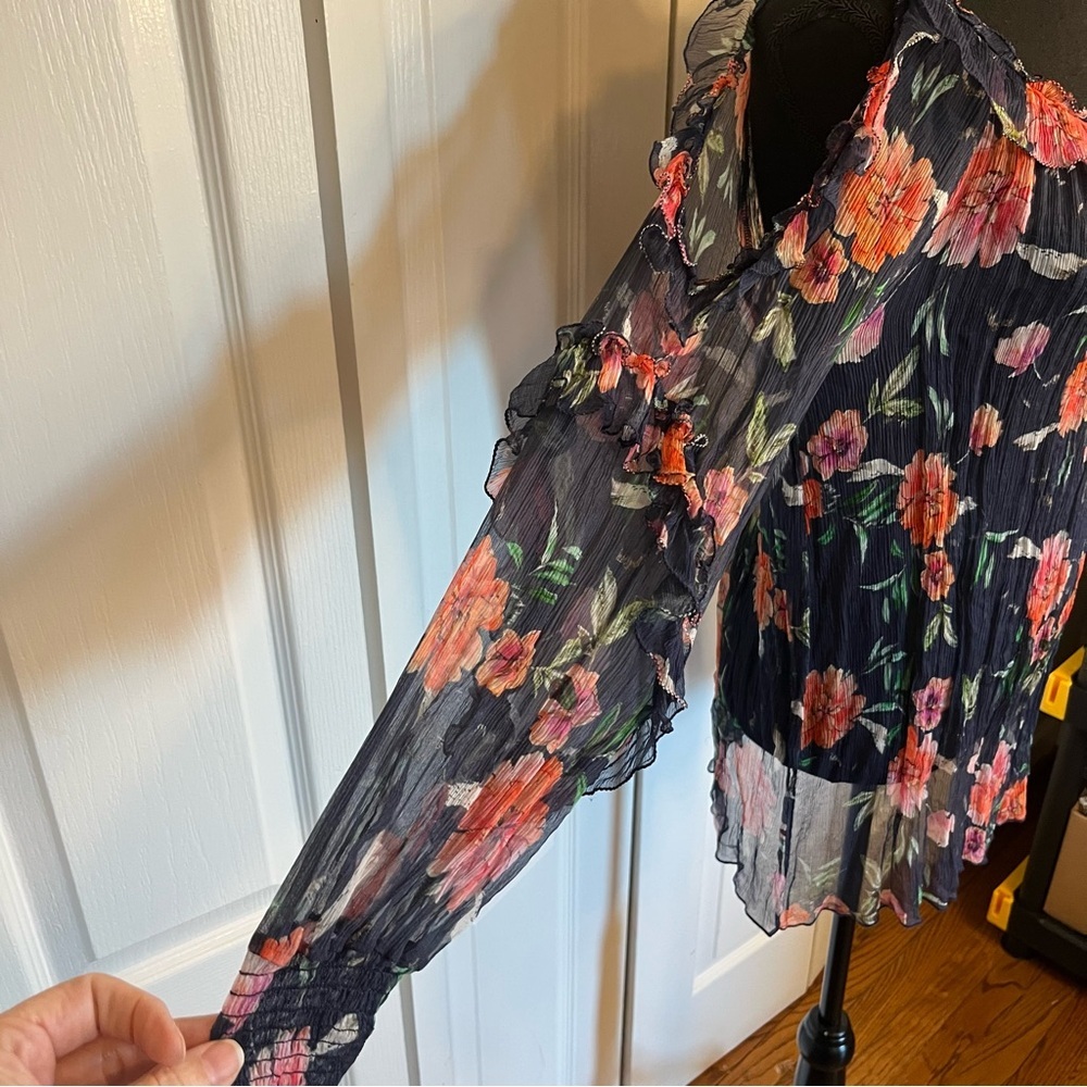 Johnny Was love Desi  100% Silk Top Sz M Floral Sheer Boho Ruffle Tunic peasant - Picture 7 of 11